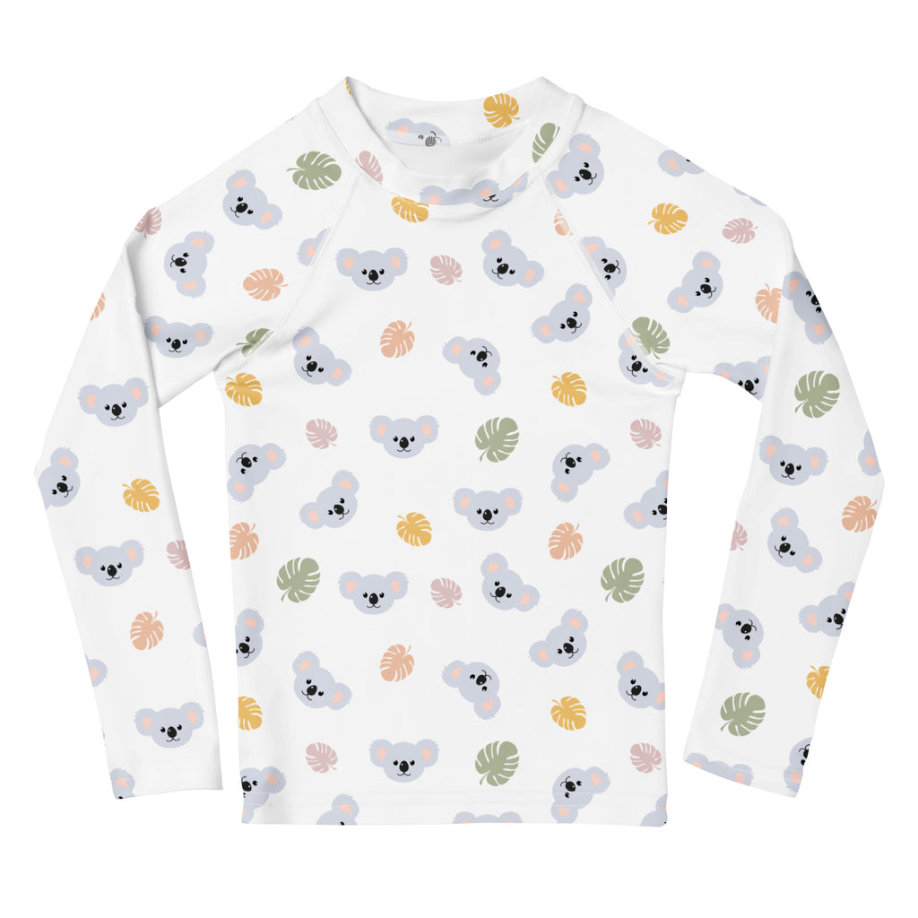 White long sleeve kids rash guard swim shirt with gray koala faces and pastel tropical leaves pattern upf 50+