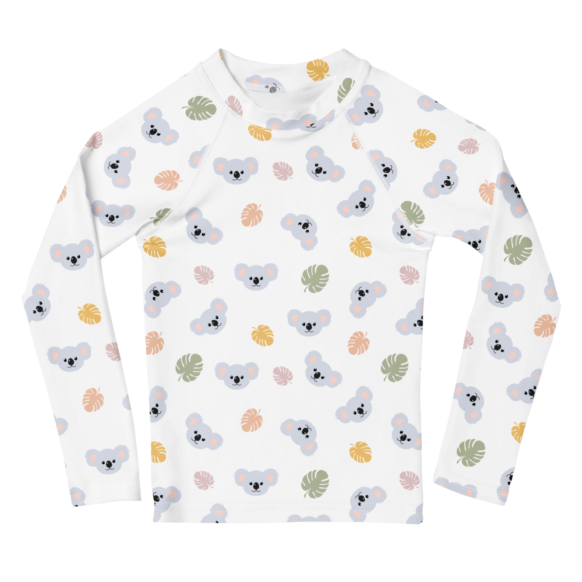 White long sleeve kids rash guard swim shirt with gray koala faces and pastel tropical leaves pattern upf 50+