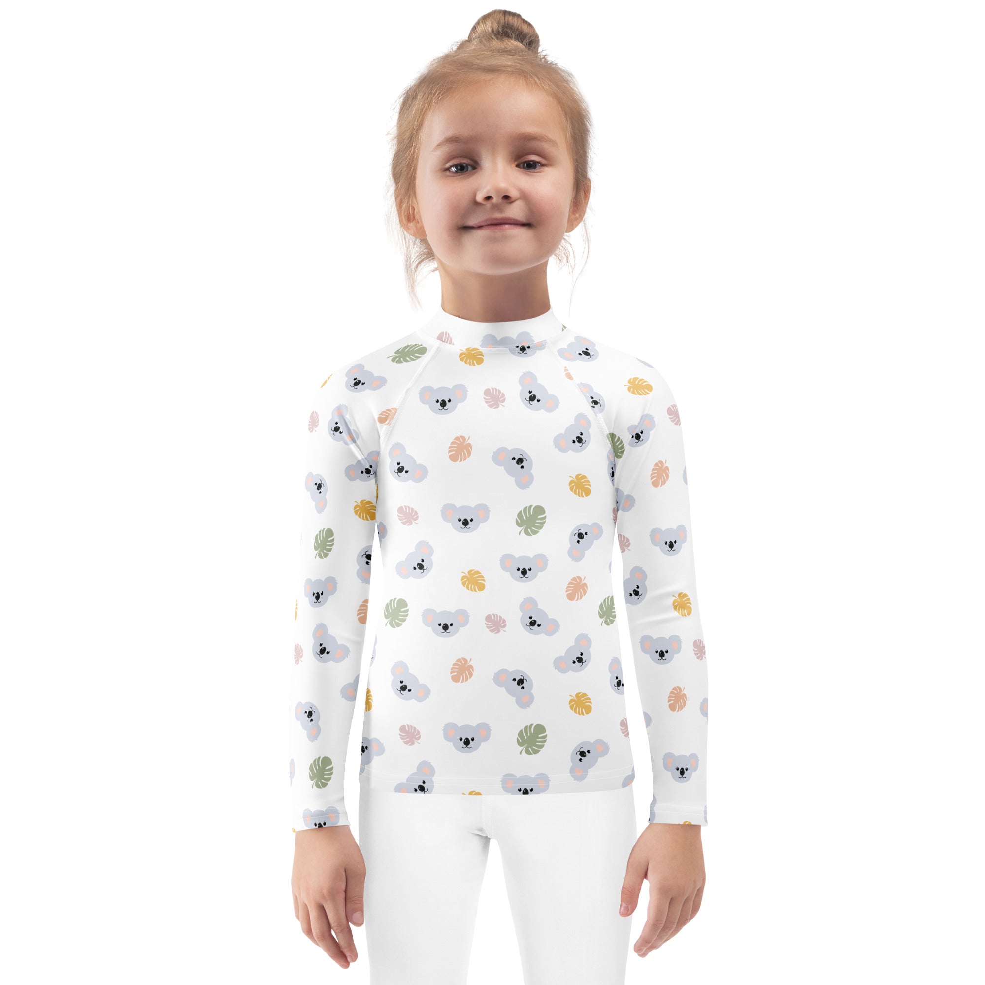 White long-sleeved rash guard with gray koala pattern and colorful tropical leaves, kids UPF 50+ swim shirt