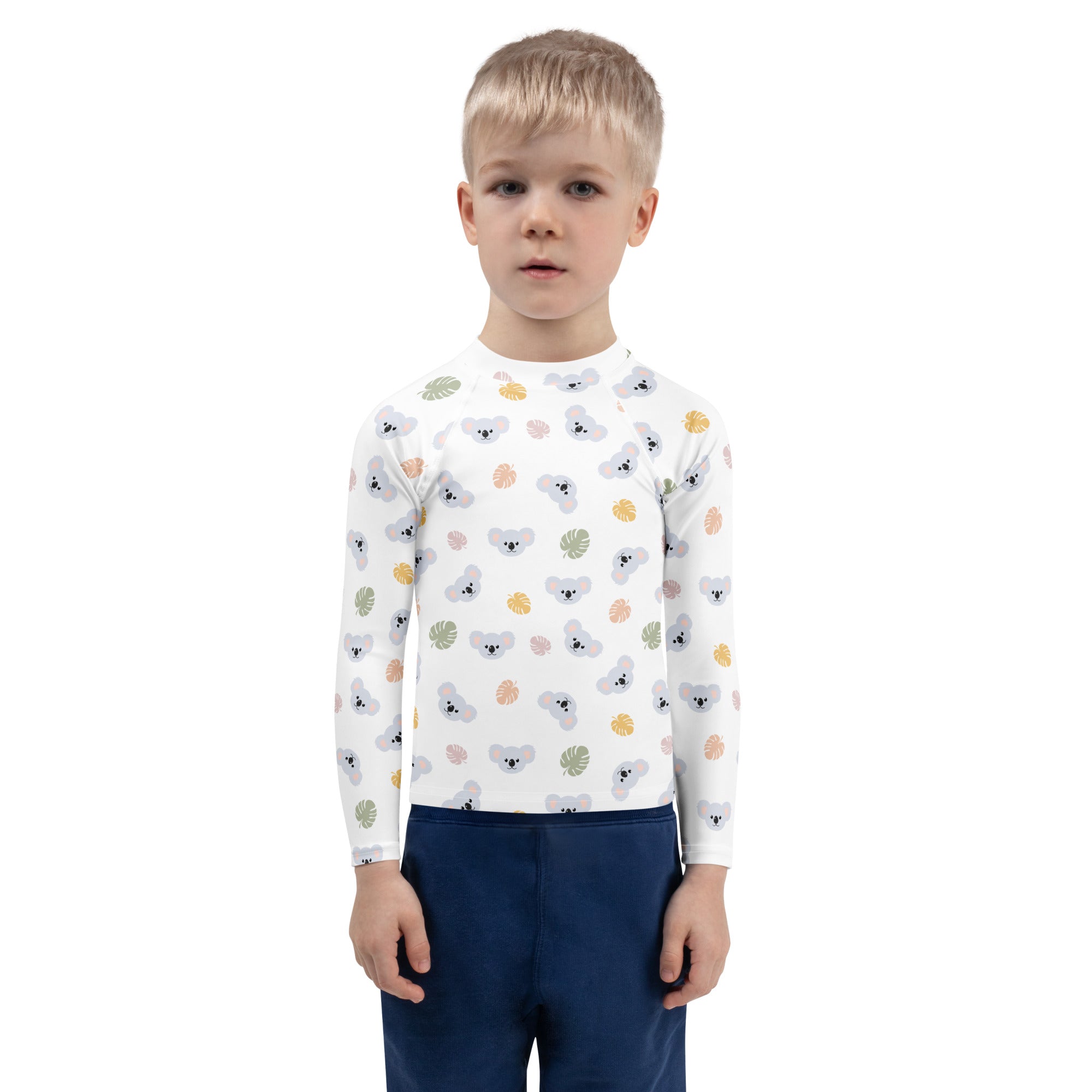 White kids long sleeve rash guard swim shirt with gray koalas colorful tropical leaves and upf 50 plus protection