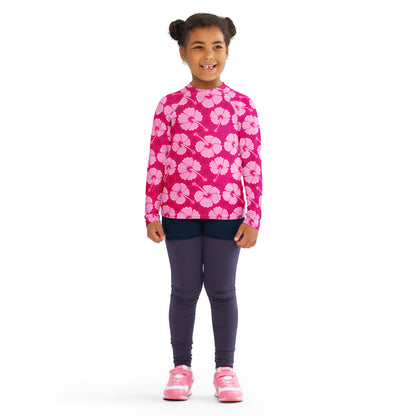 Girls Tropical Pink Hibiscus Long Sleeve Rash Guard Swim Shirt With UPF 50+