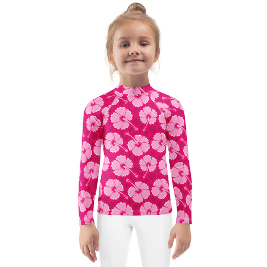 Girls Tropical Pink Hibiscus Long Sleeve Rash Guard Swim Shirt With UPF 50+