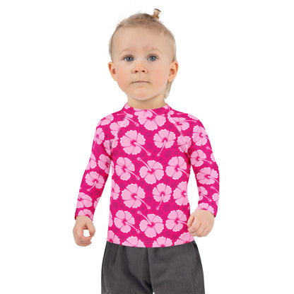 Girls Tropical Pink Hibiscus Long Sleeve Rash Guard Swim Shirt With UPF 50+