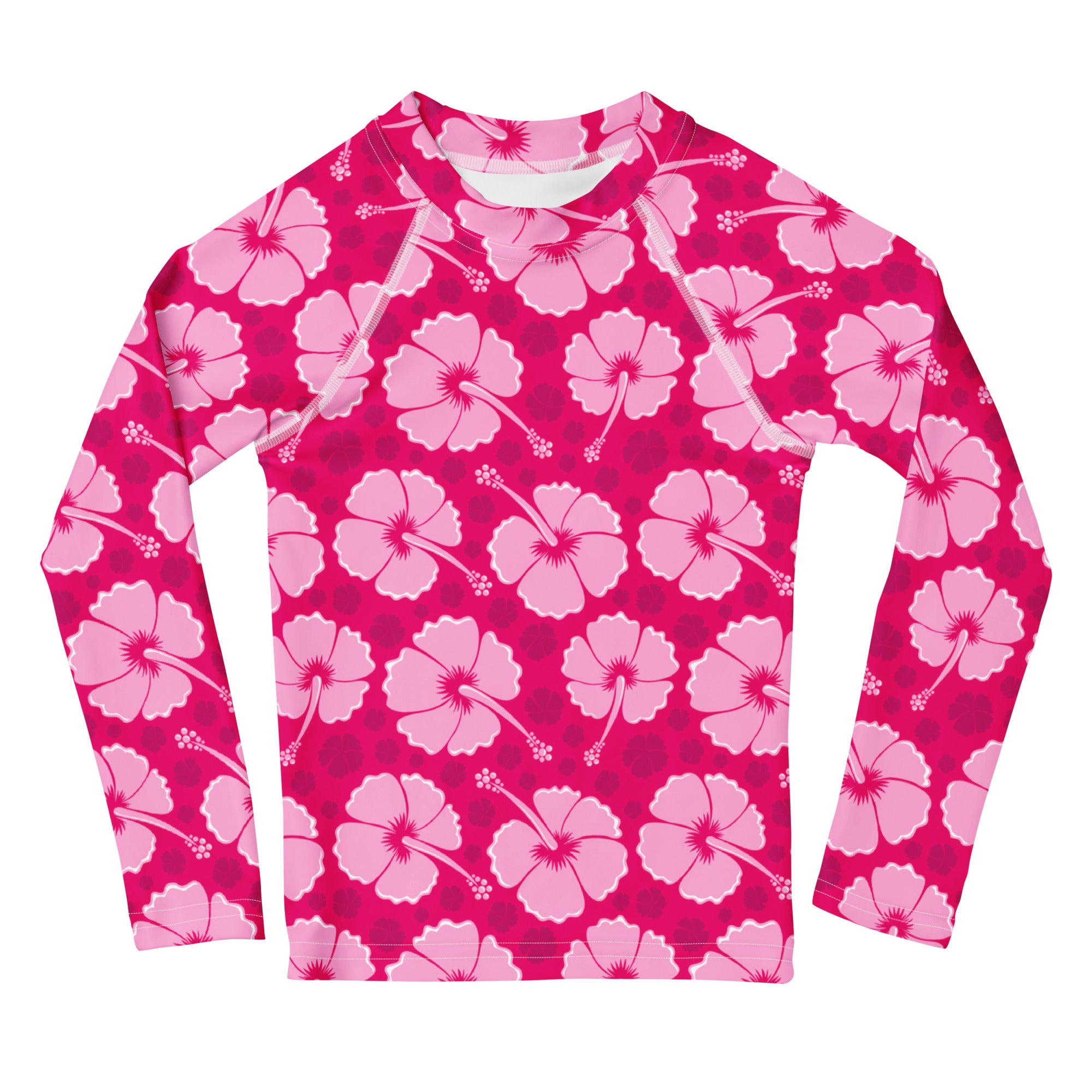 Girls tropical pink hibiscus long sleeve rash guard swim shirt with bold floral and polka dot pattern and UPF 50+ protection