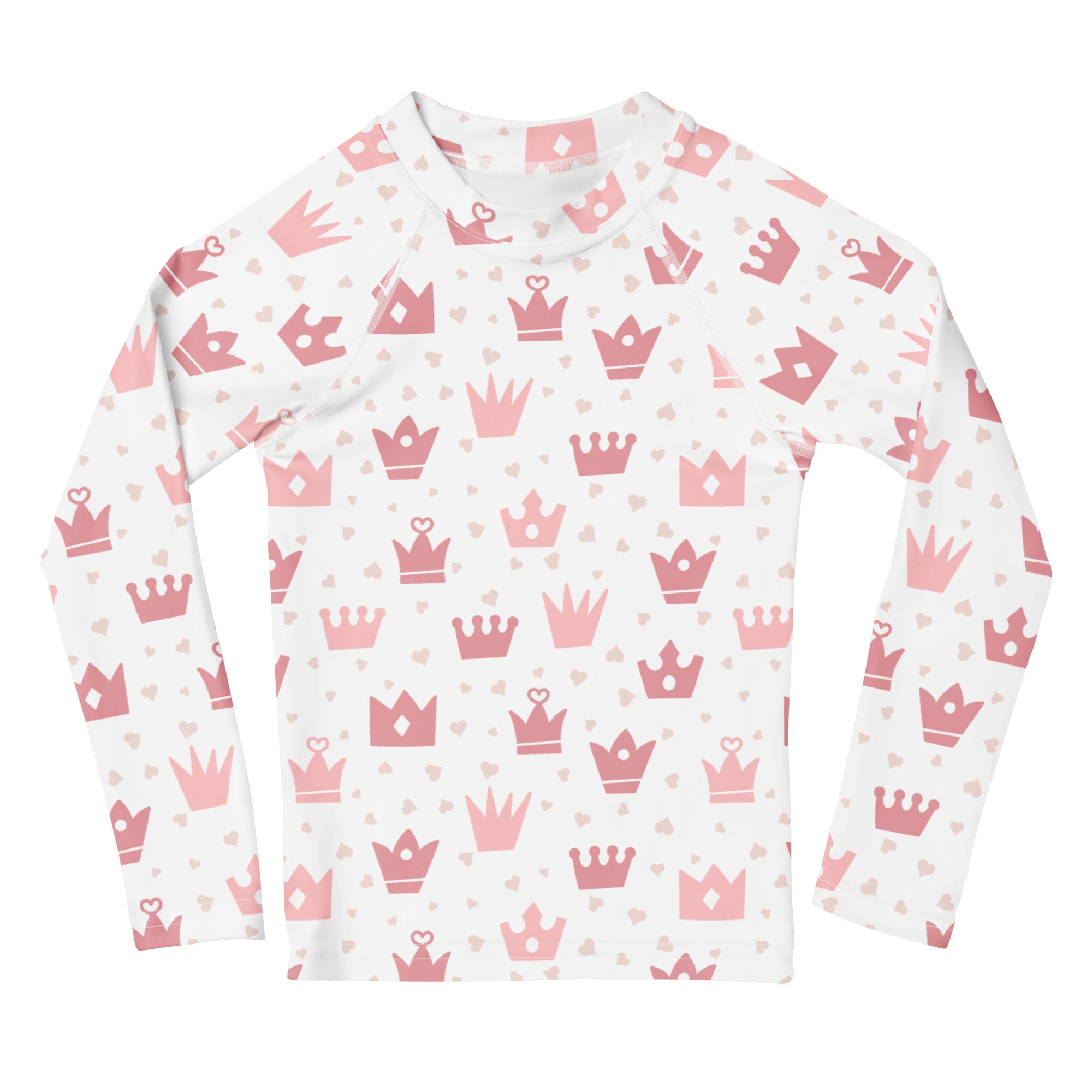 A white long-sleeved rash guard swim shirt with pink crowns hearts pattern and upf 50 plus sun protection for girls