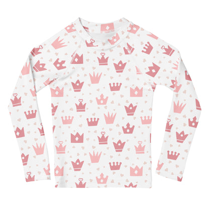 Girls Princess Crown Long Sleeve Rash Guard Swim Shirt With UPF 50+