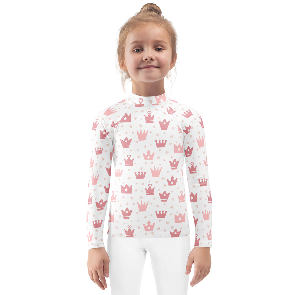 Girls princess crown long sleeve rash guard swim shirt white with pink crown and heart print UPF 50 plus protection
