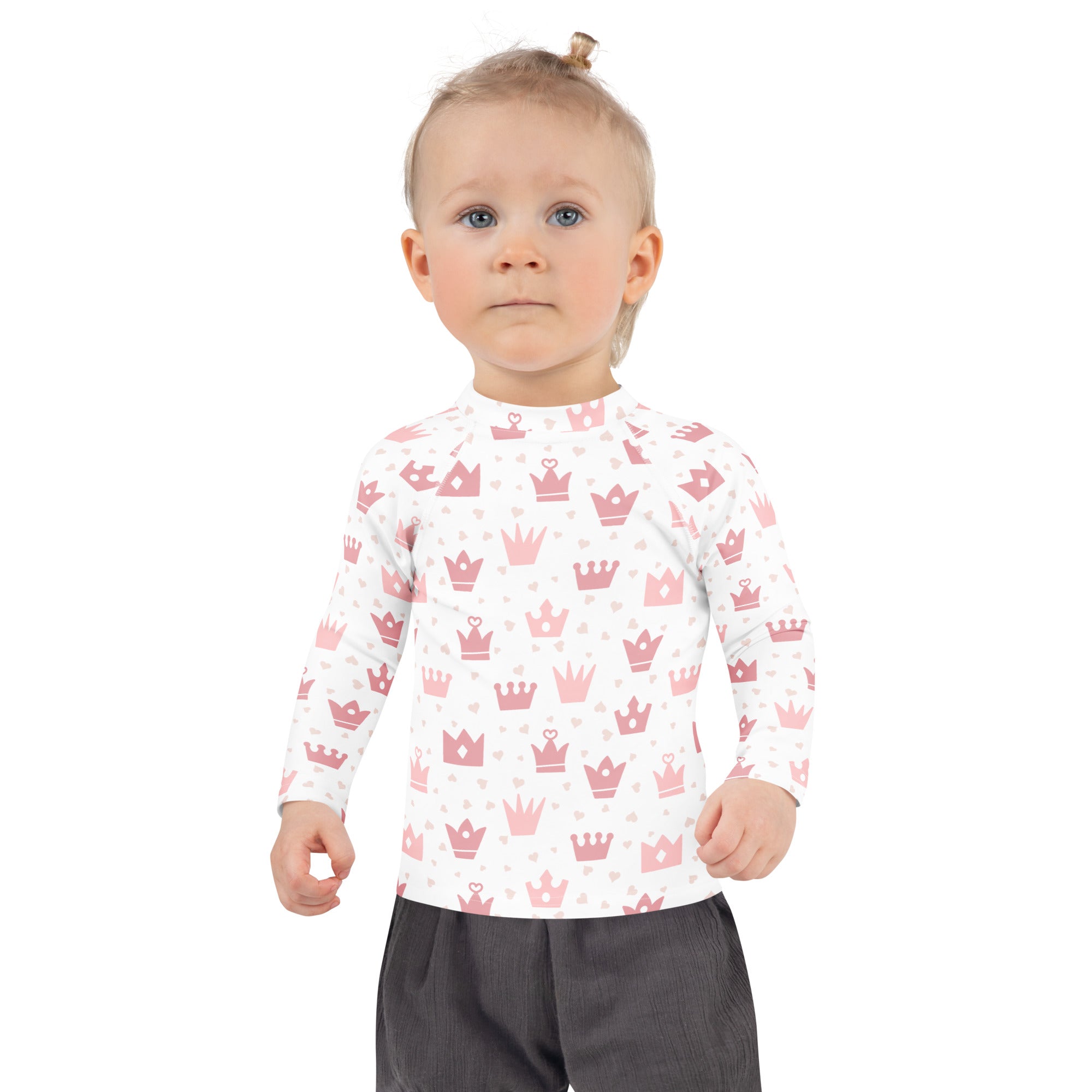 Girls princess crown long sleeve rash guard swim shirt in white with pink and gray crown pattern and UPF 50 plus protection