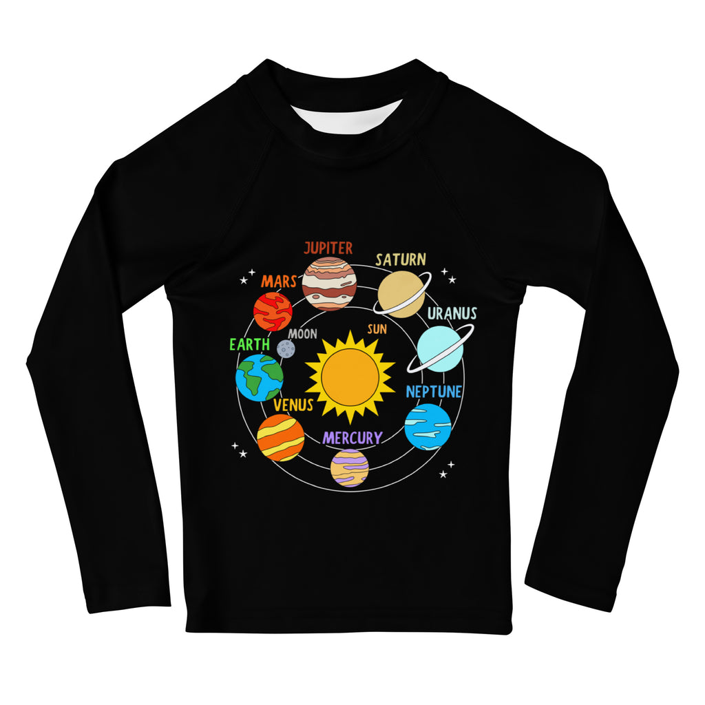 Black long-sleeved kids rash guard swim shirt with colorful cartoon solar system illustration and labeled planets