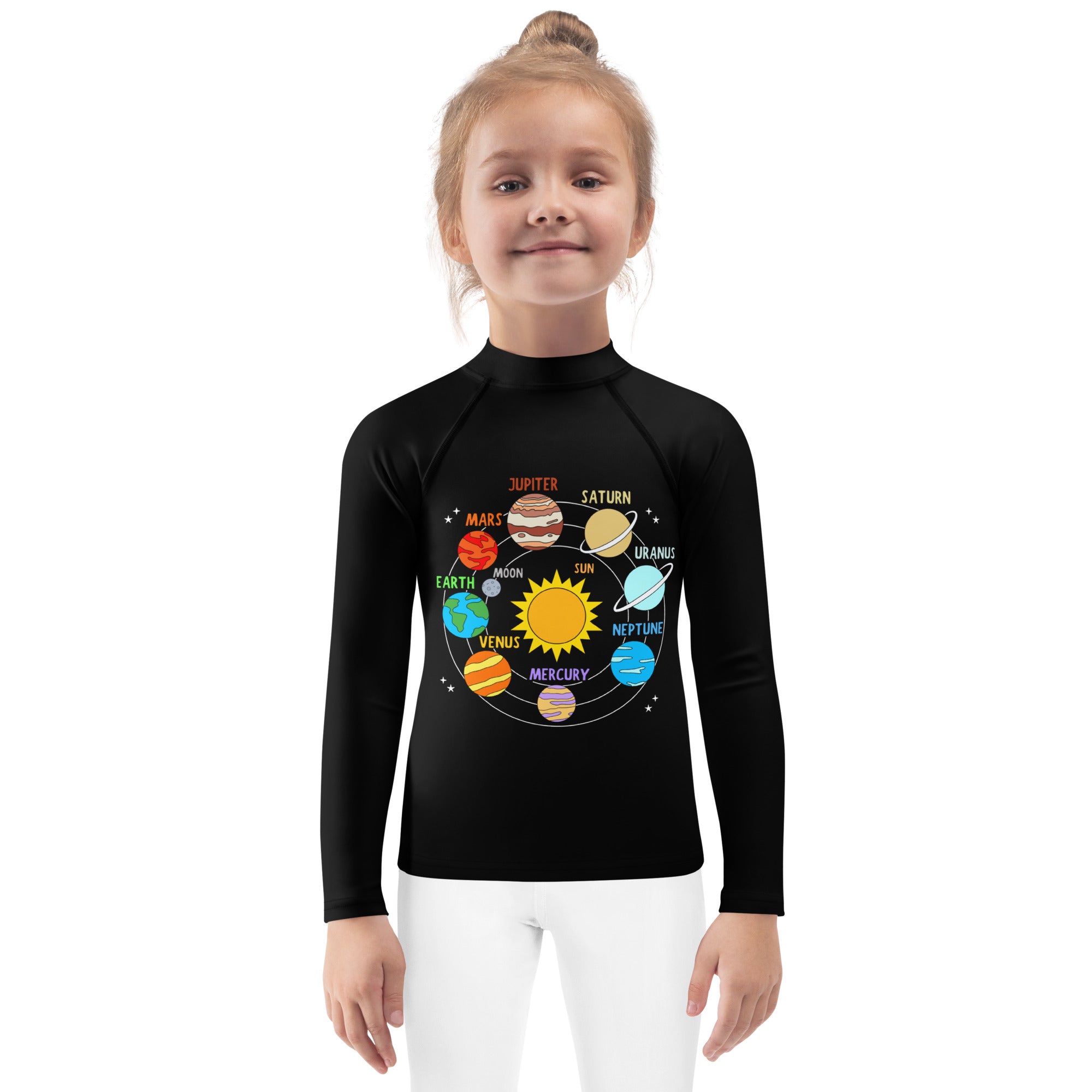 Black kids long sleeve rash guard with colorful labeled solar system planets illustration and UPF 50+ swim shirt