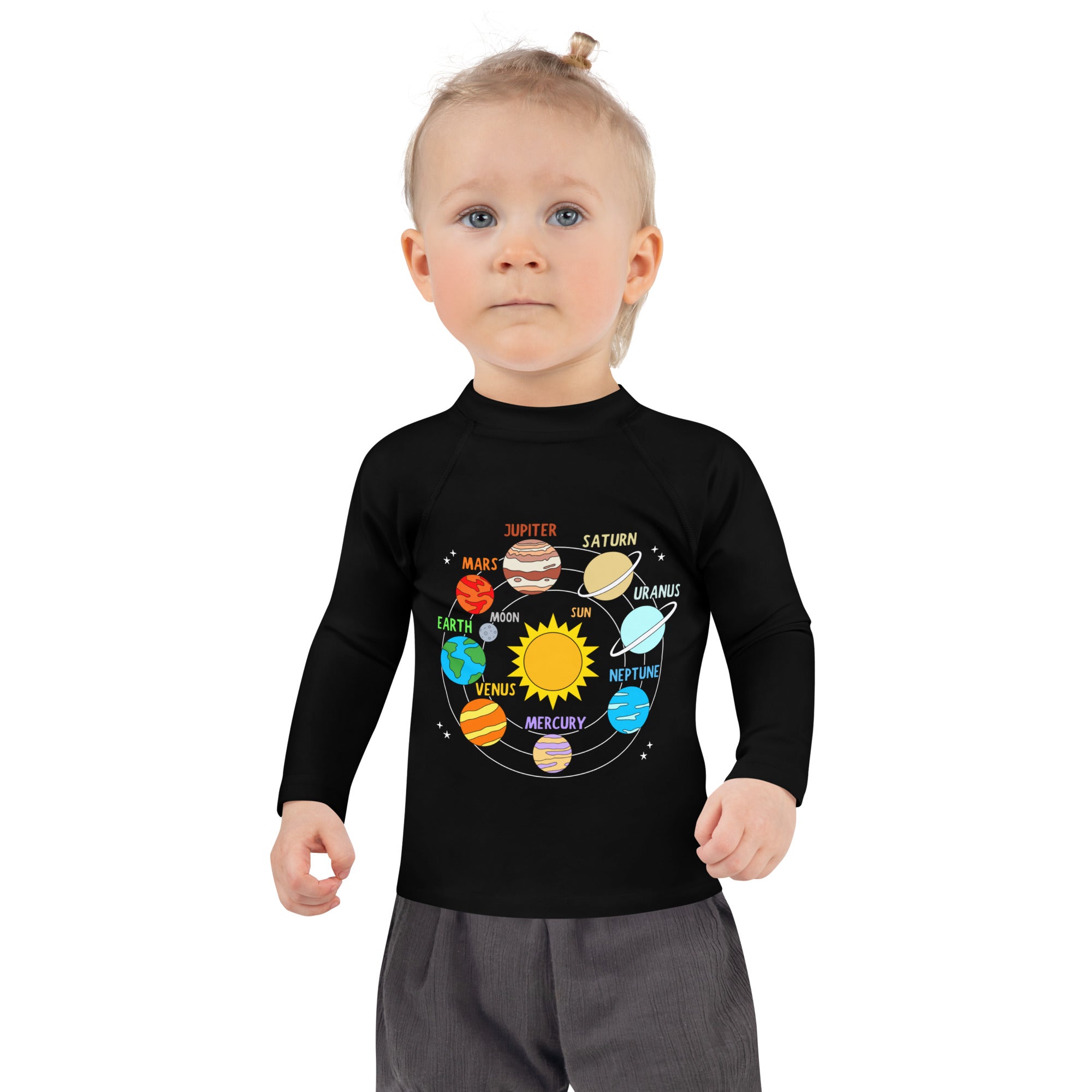 Black long sleeve toddler rash guard swim shirt with colorful labeled solar system planets and upf 50 plus protection
