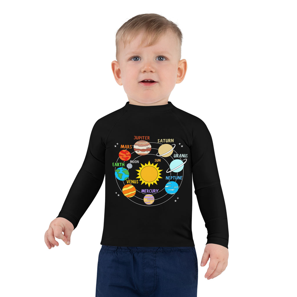 Black long sleeve toddler rash guard swim shirt with colorful labeled solar system design and UPF 50 plus protection