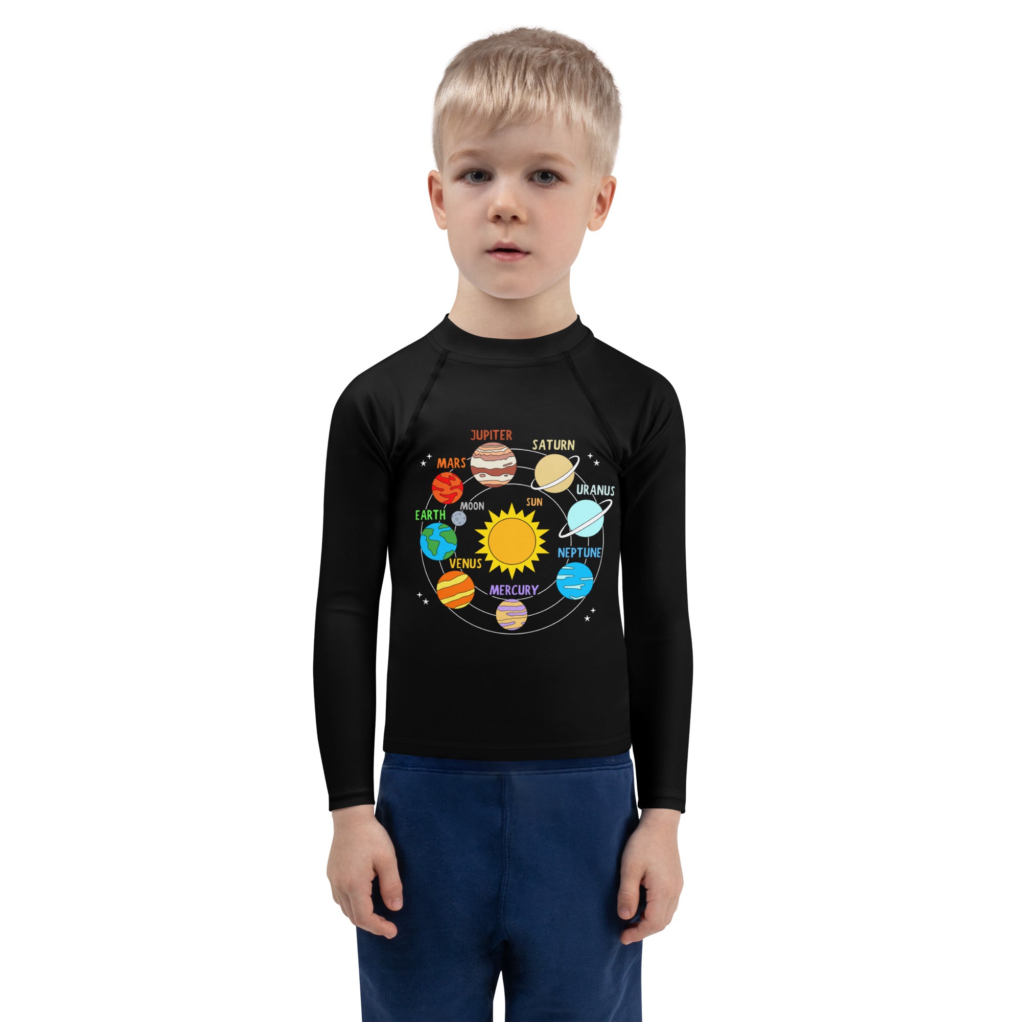 Black long-sleeved rash guard with colorful labeled solar system illustration for kids swim shirt with upf 50+ protection