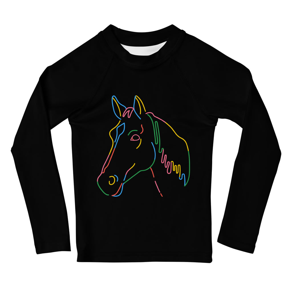 Black kids long sleeve rash guard swim shirt with vibrant neon multicolored horse head outline and UPF 50 plus protection