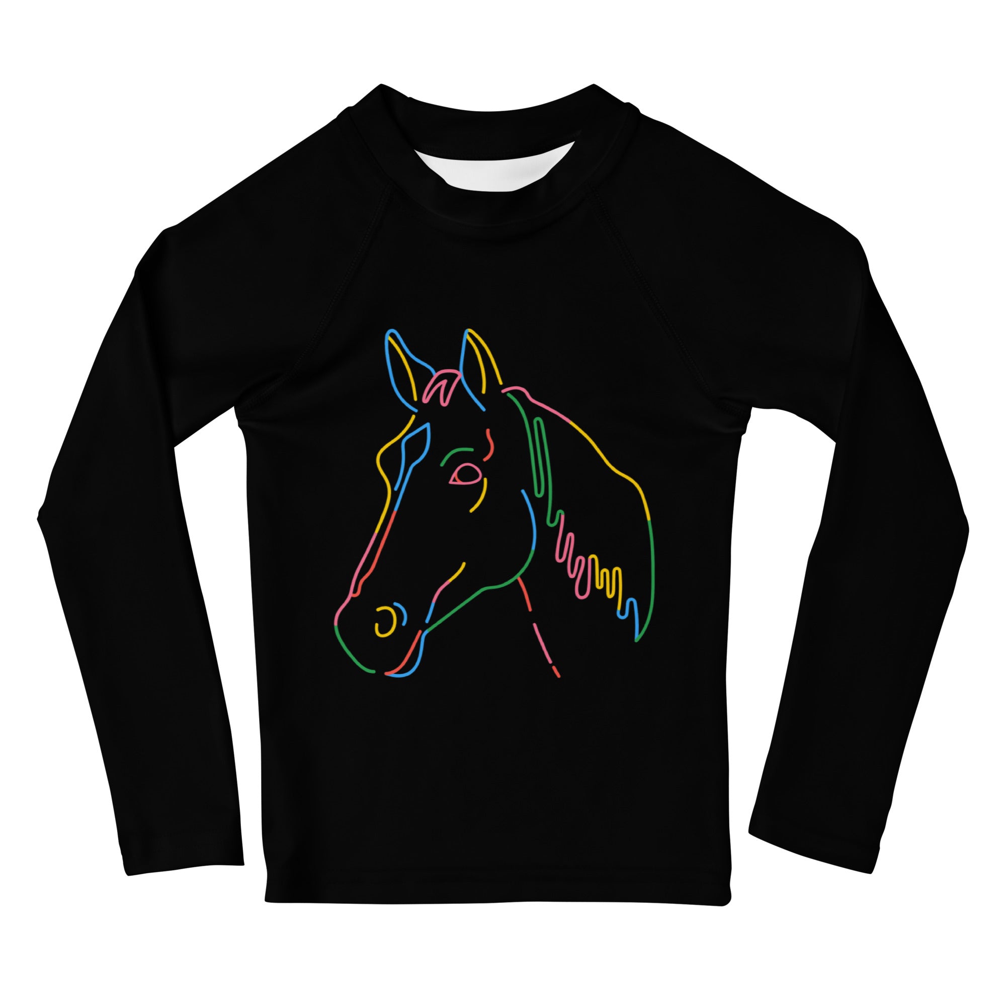 Black kids long sleeve rash guard swim shirt with vibrant neon multicolored horse head outline and UPF 50 plus protection
