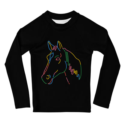 Kids Colorful Horse Outline Long Sleeve Rash Guard Swim Shirt With UPF 50+