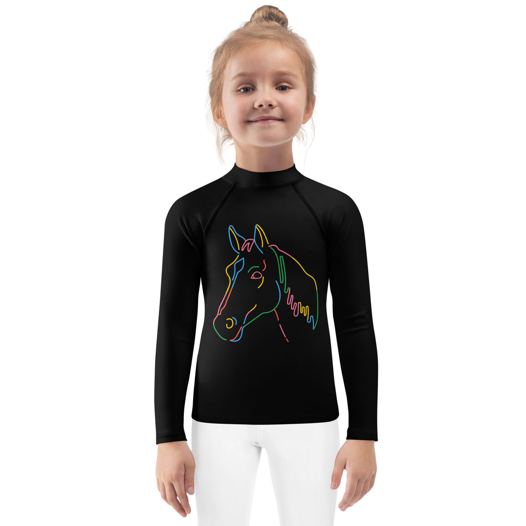 Black kids long sleeve rash guard swim shirt with neon colorful horse outline and UPF 50 plus protection