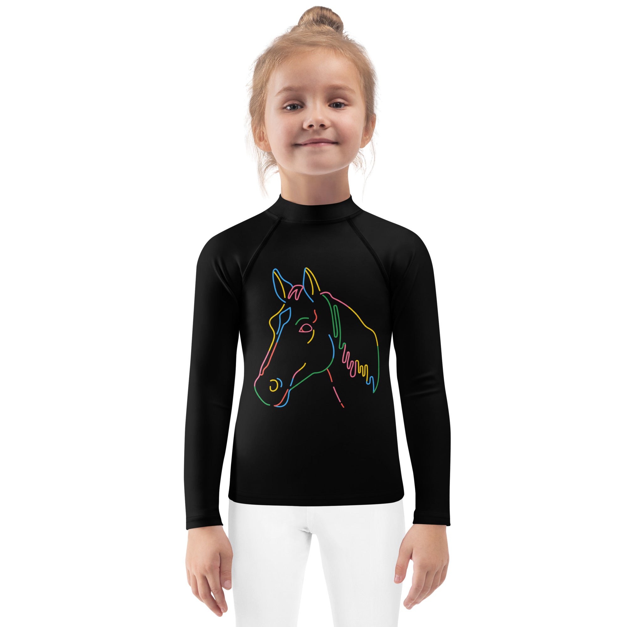 Black kids long sleeve rash guard swim shirt with neon colorful horse outline and UPF 50 plus protection