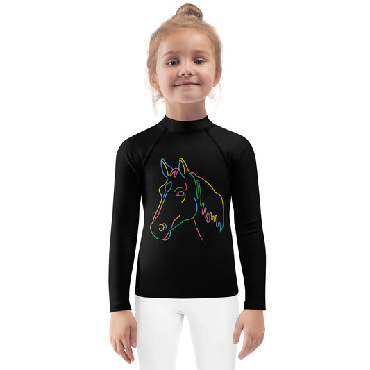Kids Colorful Horse Outline Long Sleeve Rash Guard Swim Shirt With UPF 50+