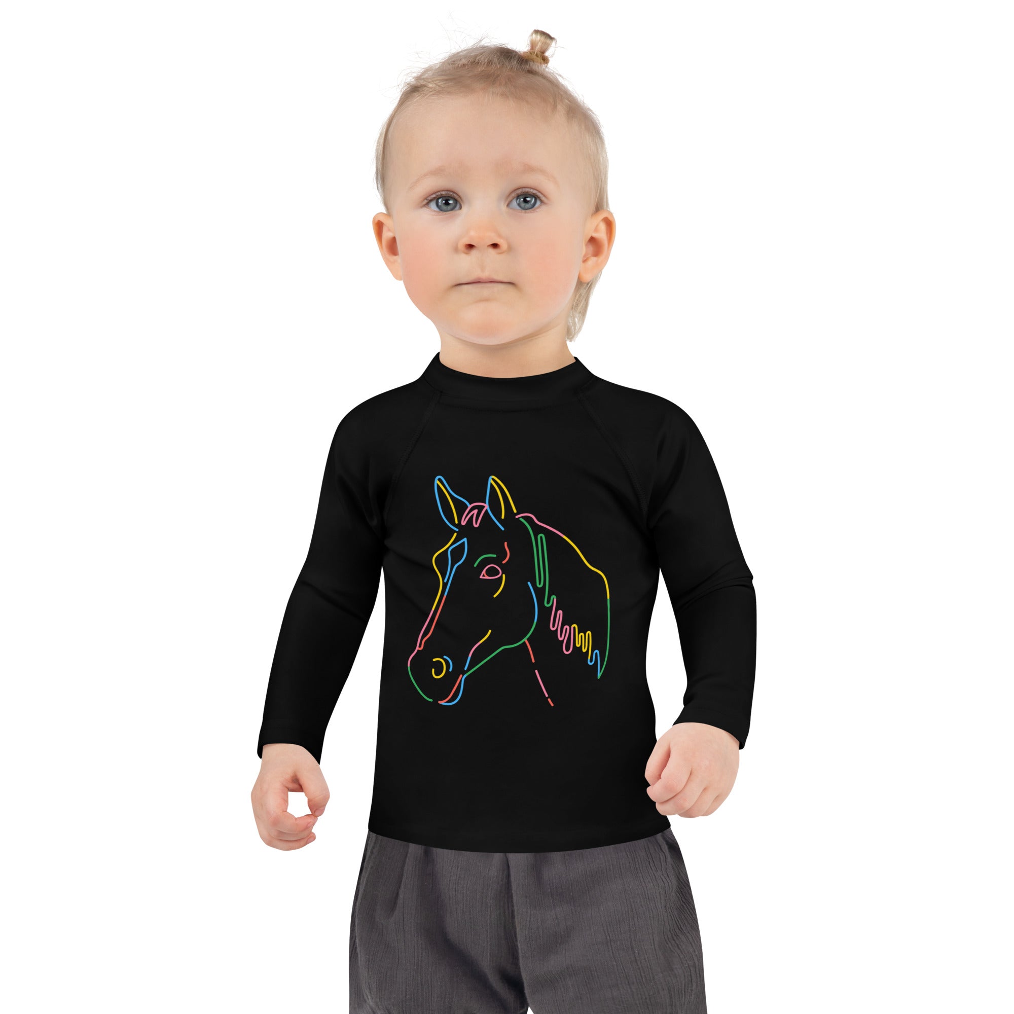 Black long-sleeved toddler rash guard swim shirt with neon horse head outline and upf 50 plus sun protection