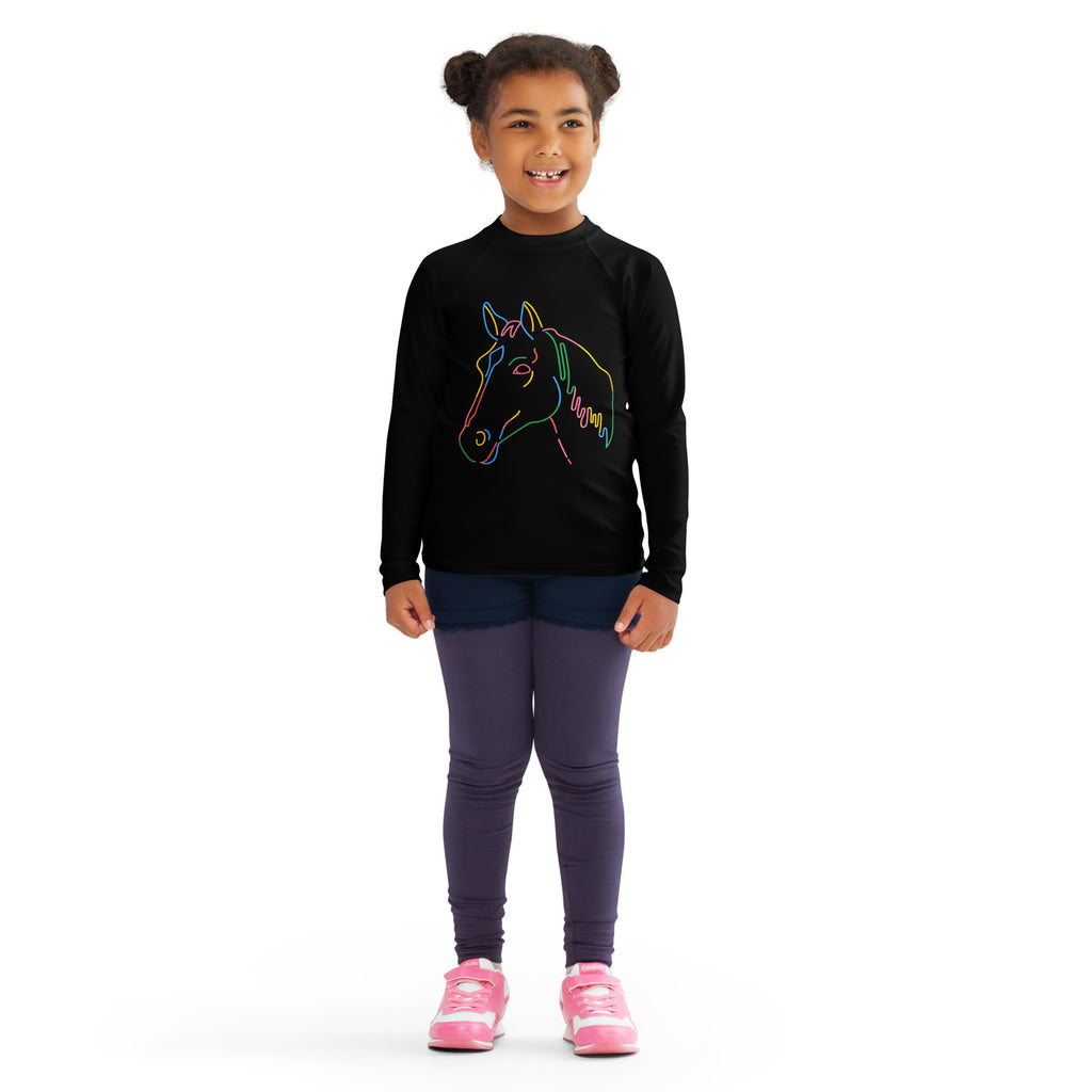 Kids colorful horse outline long sleeve rash guard swim shirt with neon horse head design and upf 50+ protection