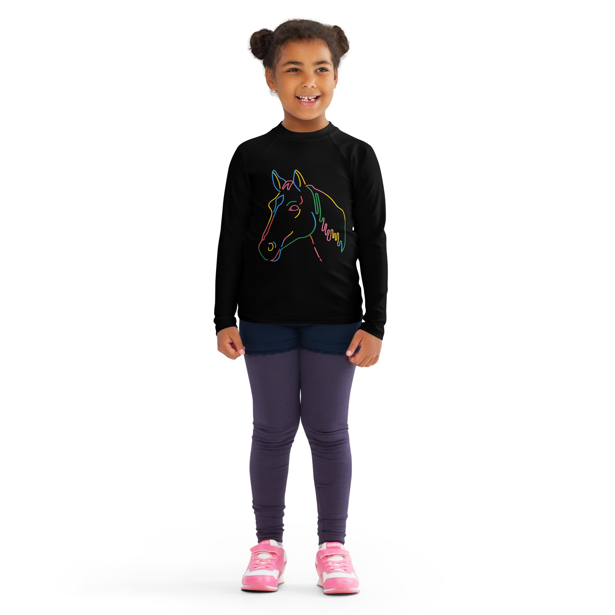 Kids colorful horse outline long sleeve rash guard swim shirt with neon horse head design and upf 50+ protection
