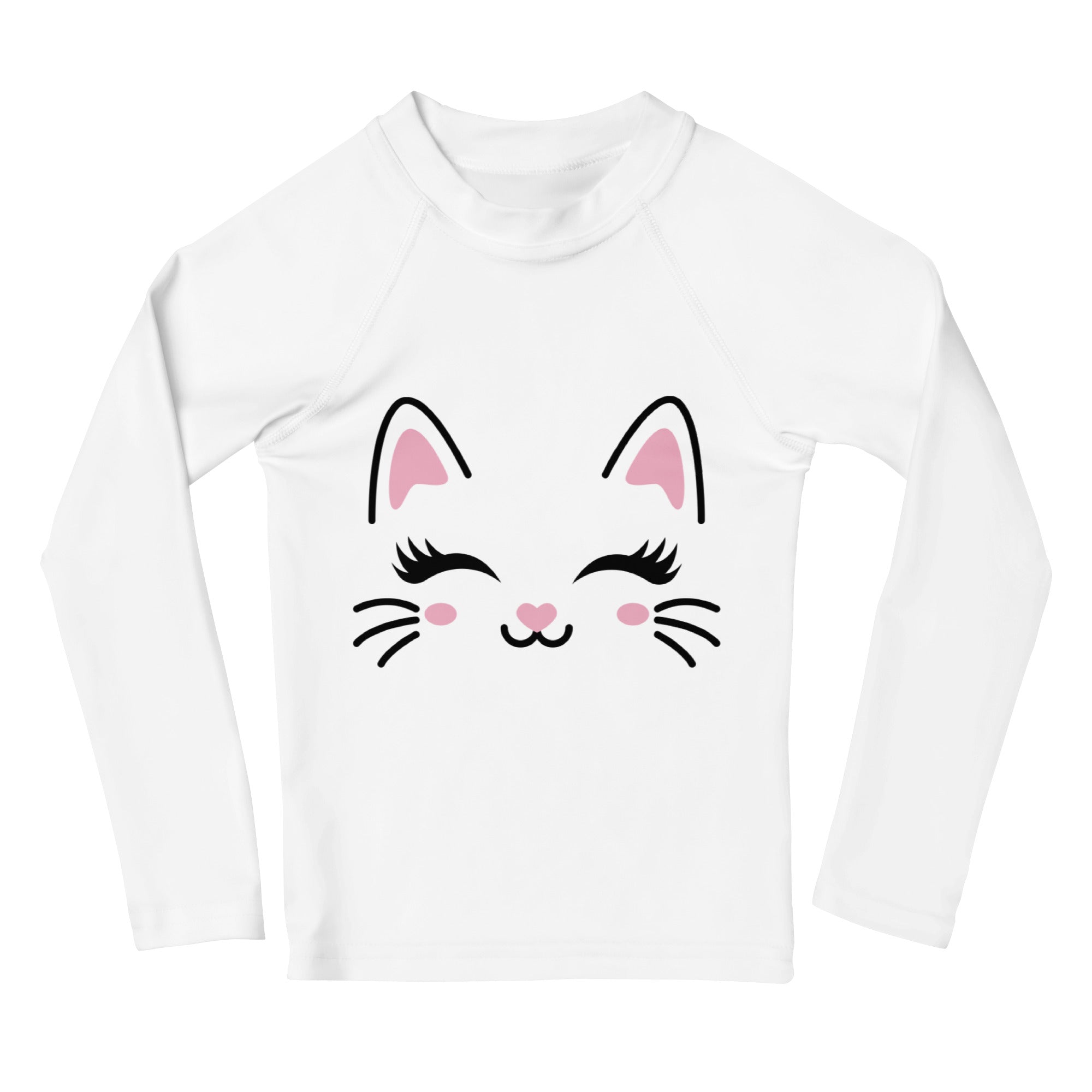 Girls Cute Cat Long Sleeve Rash Guard Swim Shirt With UPF 50+