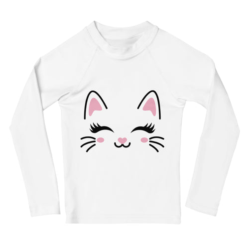 White girls long sleeve rash guard swim shirt with cute cartoon cat face and upf 50 plus sun protection
