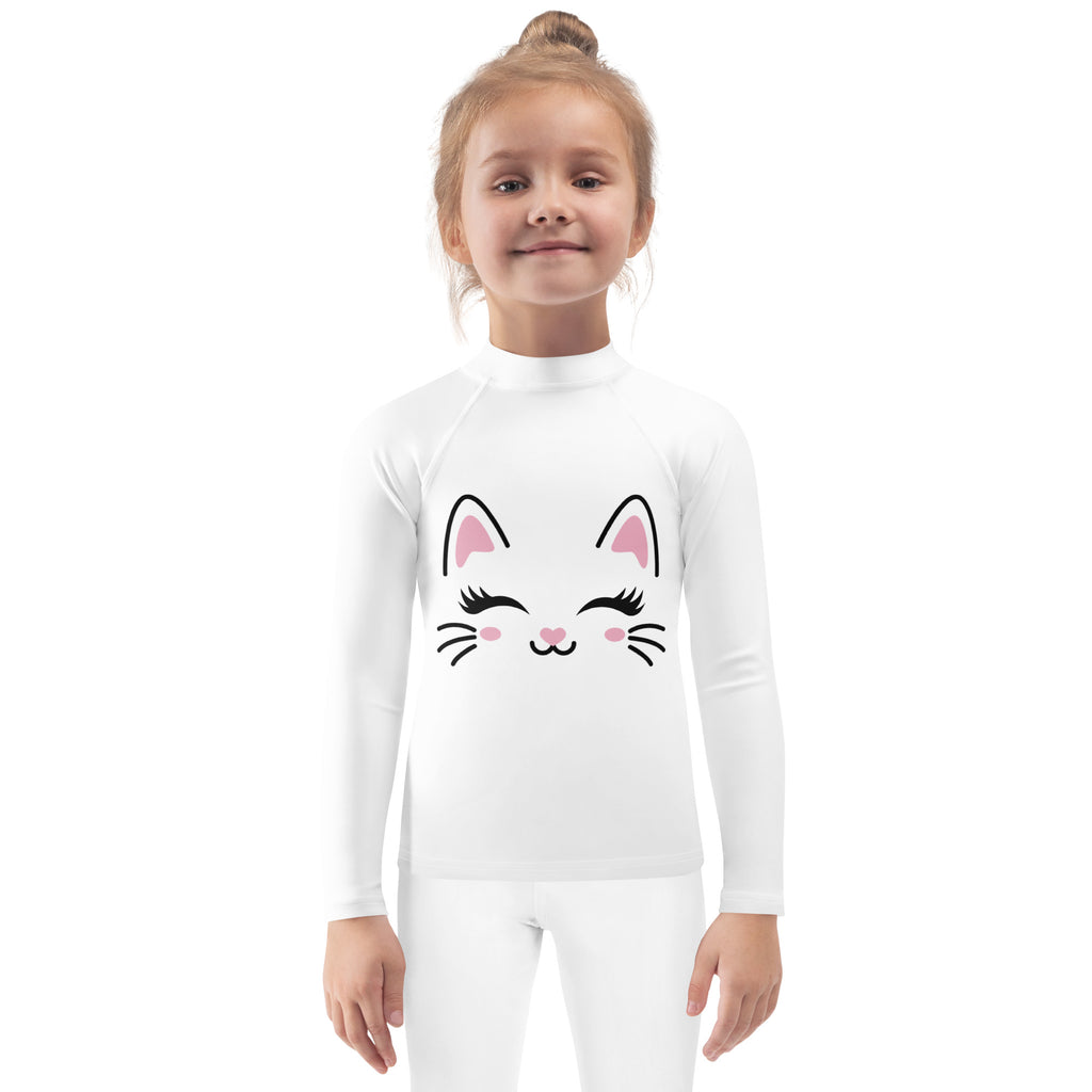 Girls Cute Cat Long Sleeve Rash Guard Swim Shirt With UPF 50+