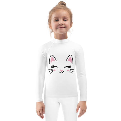 White long-sleeved rash guard for girls with a cute cartoon cat face and upf 50 plus sun protection swim shirt