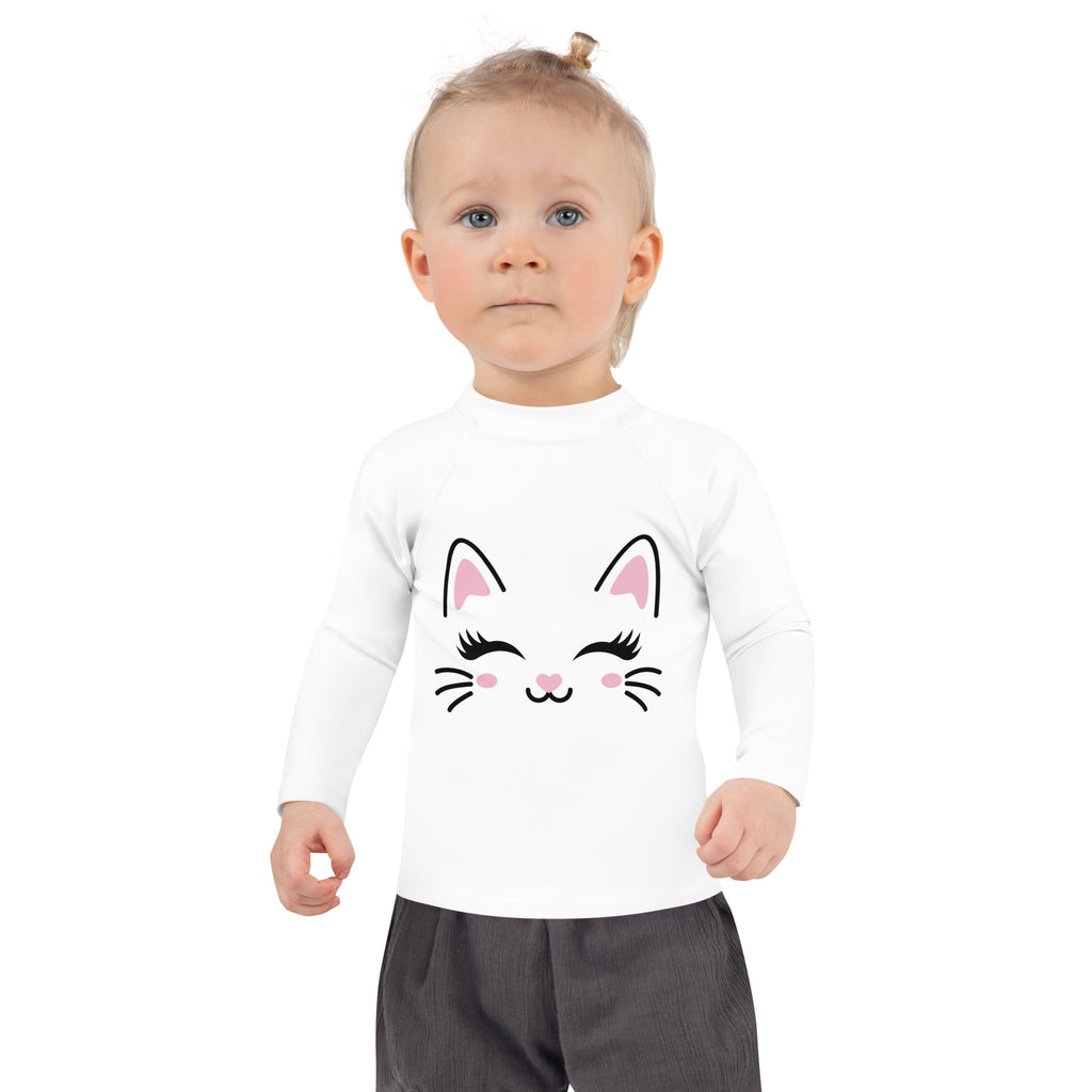Girls Cute Cat Long Sleeve Rash Guard Swim Shirt With UPF 50+