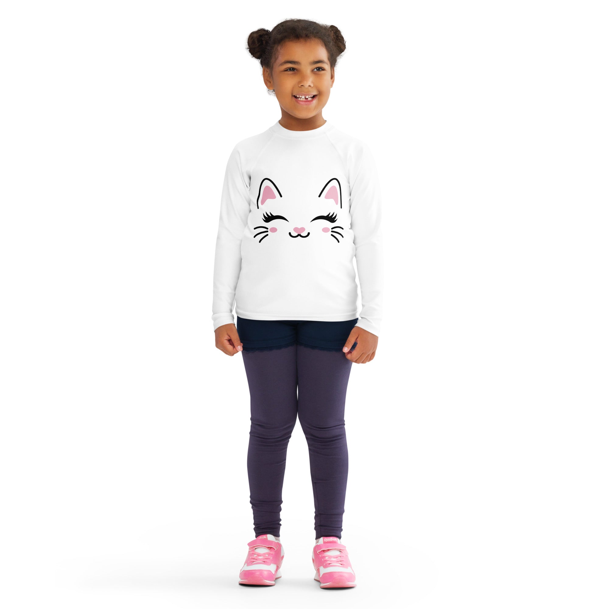 Girls Cute Cat Long Sleeve Rash Guard Swim Shirt With UPF 50+