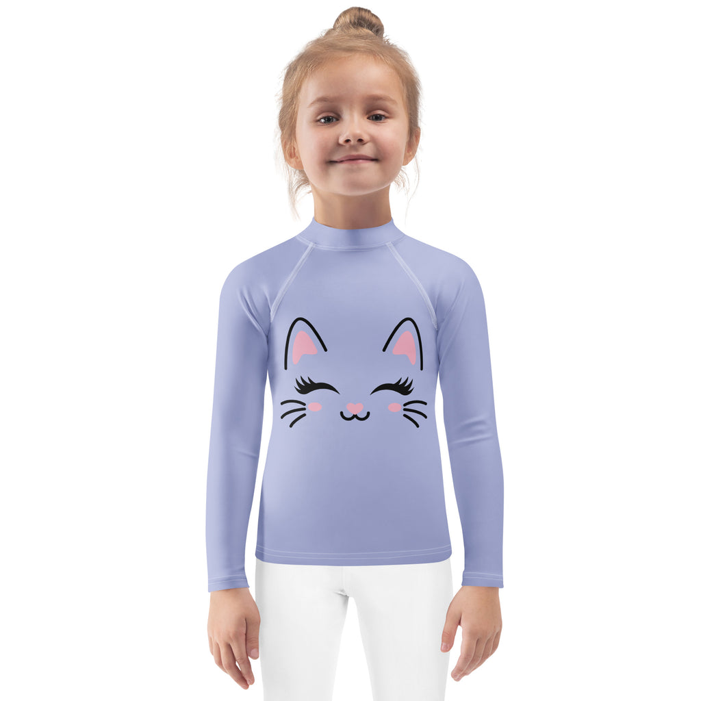 Girls Cute Cat Long Sleeve Rash Guard Swim Shirt With UPF 50+