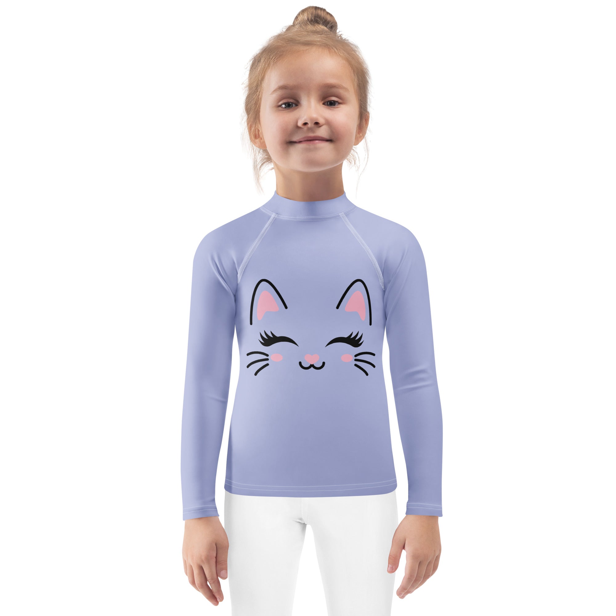 Girls Cute Cat Long Sleeve Rash Guard Swim Shirt With UPF 50+