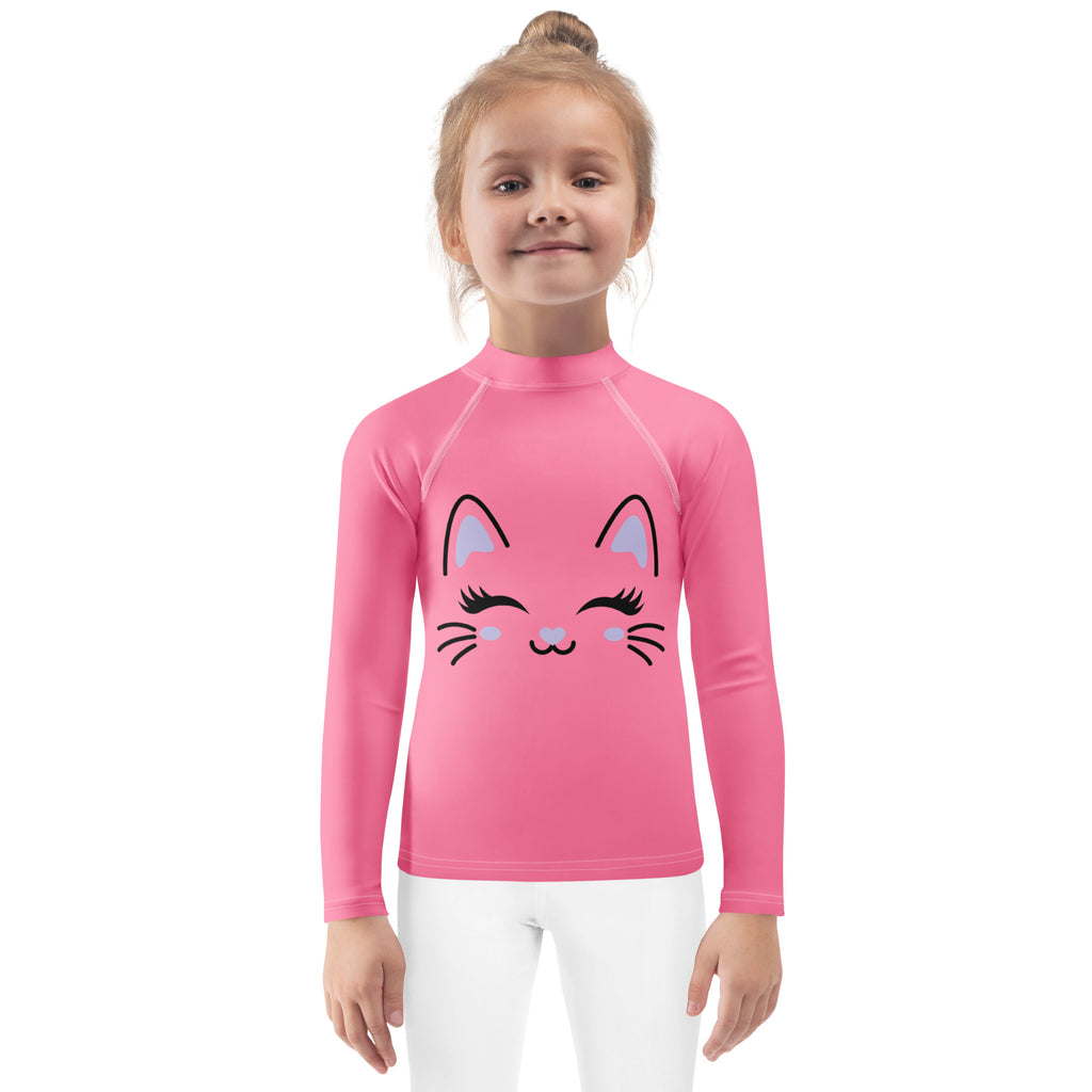 Girls Cute Cat Long Sleeve Rash Guard Swim Shirt With UPF 50+