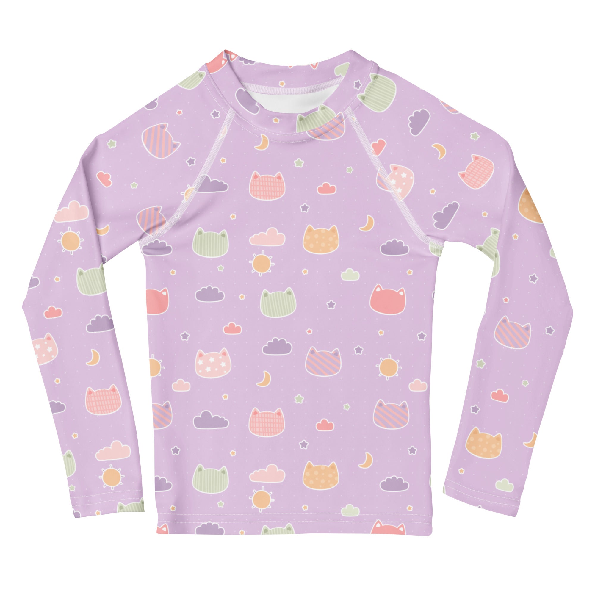 Girls Pastel Purple Kawaii Cats & Clouds Long Sleeve Rash Guard Swim Shirt With UPF 50+