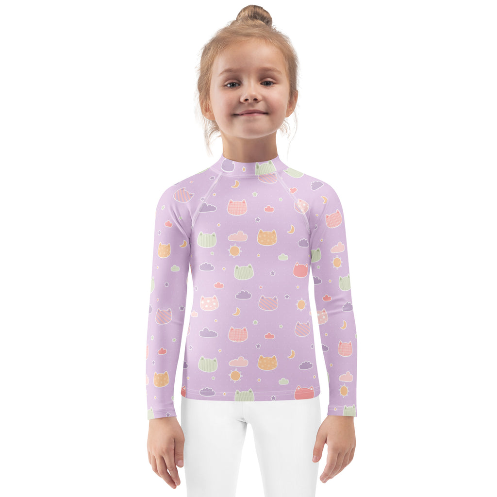 Girls Pastel Purple Kawaii Cats & Clouds Long Sleeve Rash Guard Swim Shirt With UPF 50+