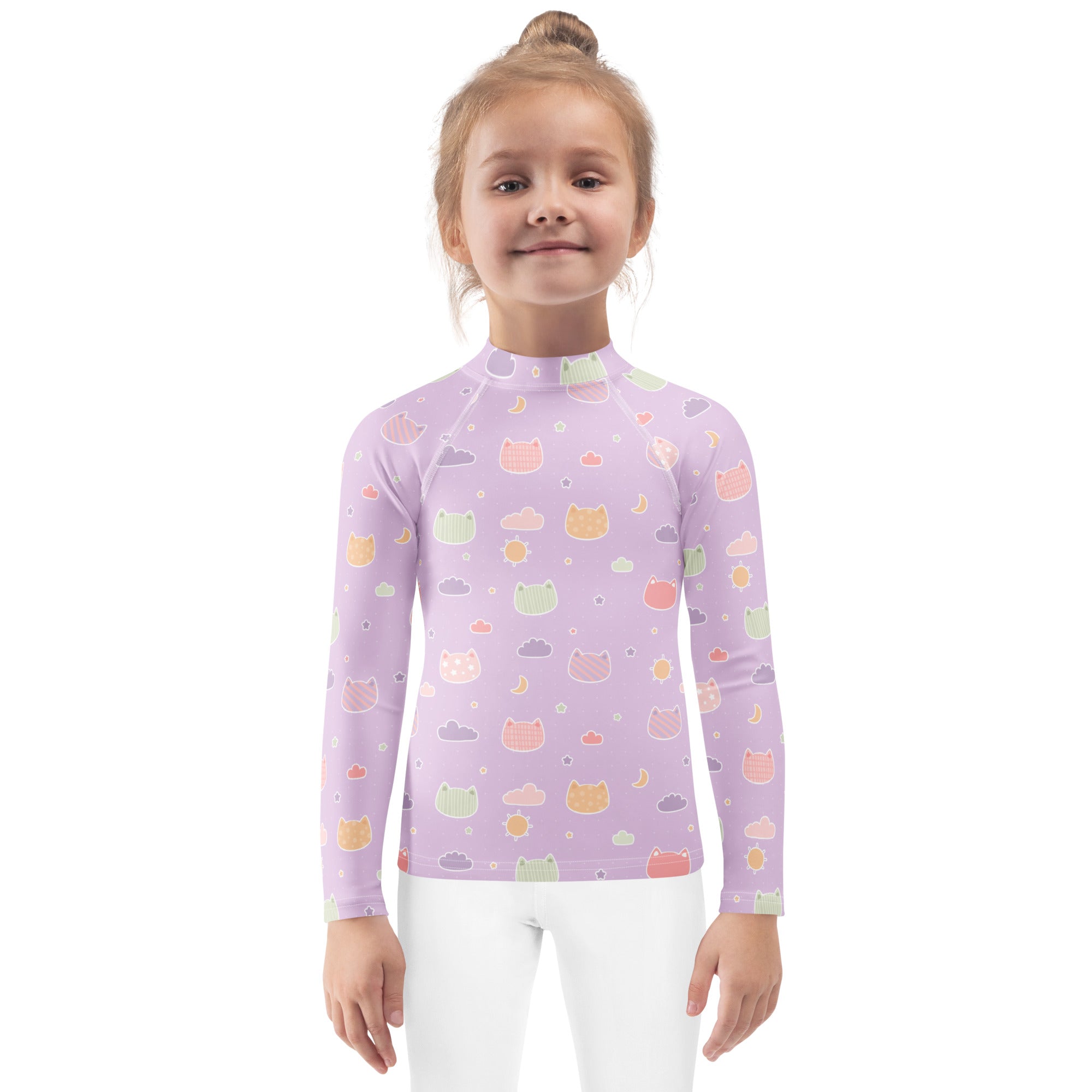 Girls Pastel Purple Kawaii Cats & Clouds Long Sleeve Rash Guard Swim Shirt With UPF 50+