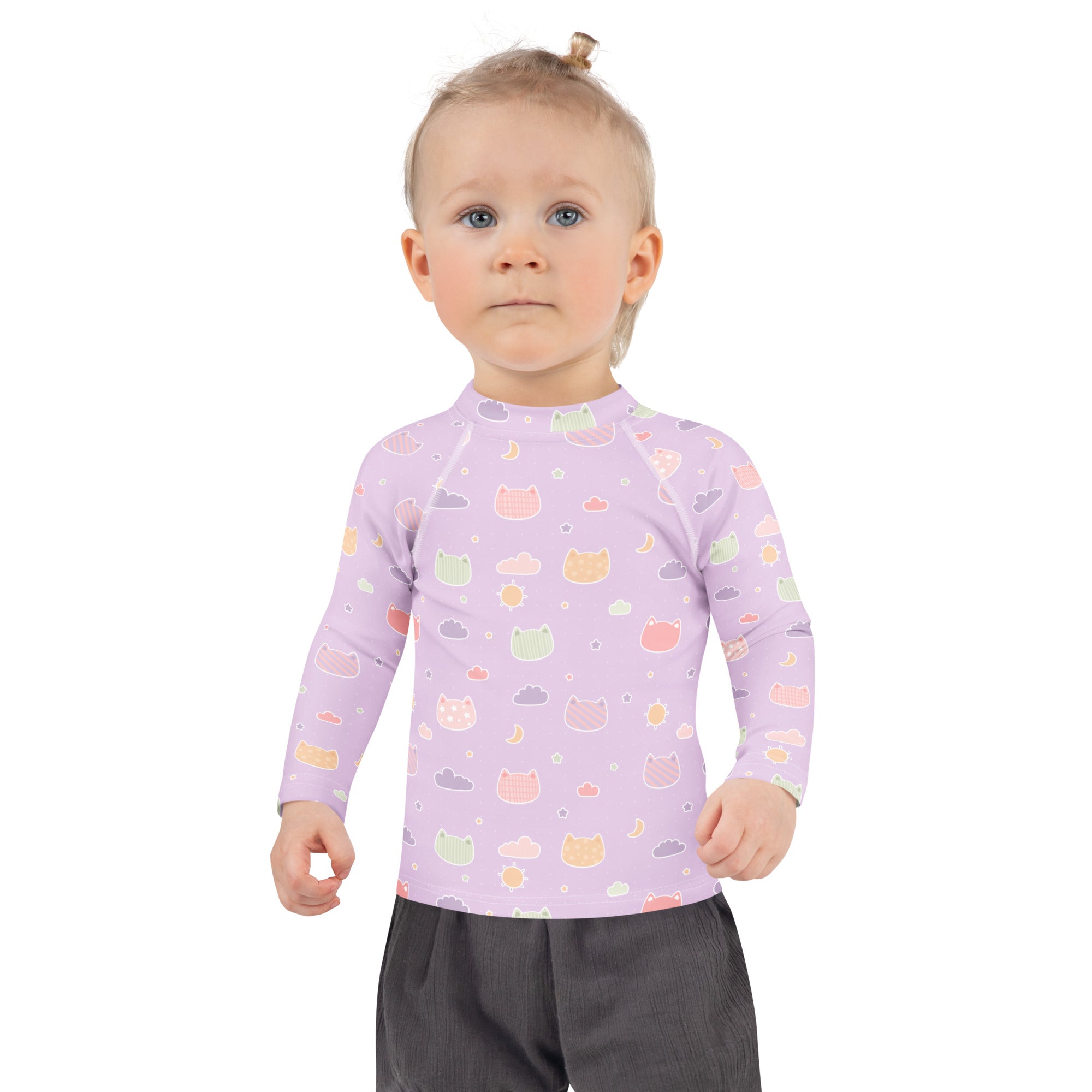Girls Pastel Purple Kawaii Cats & Clouds Long Sleeve Rash Guard Swim Shirt With UPF 50+
