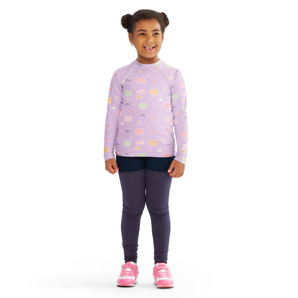 Girls Pastel Purple Kawaii Cats & Clouds Long Sleeve Rash Guard Swim Shirt With UPF 50+
