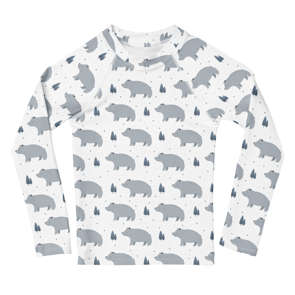 White long-sleeved kids polar bear rash guard swim shirt with gray bear pattern and UPF 50+ sun protection