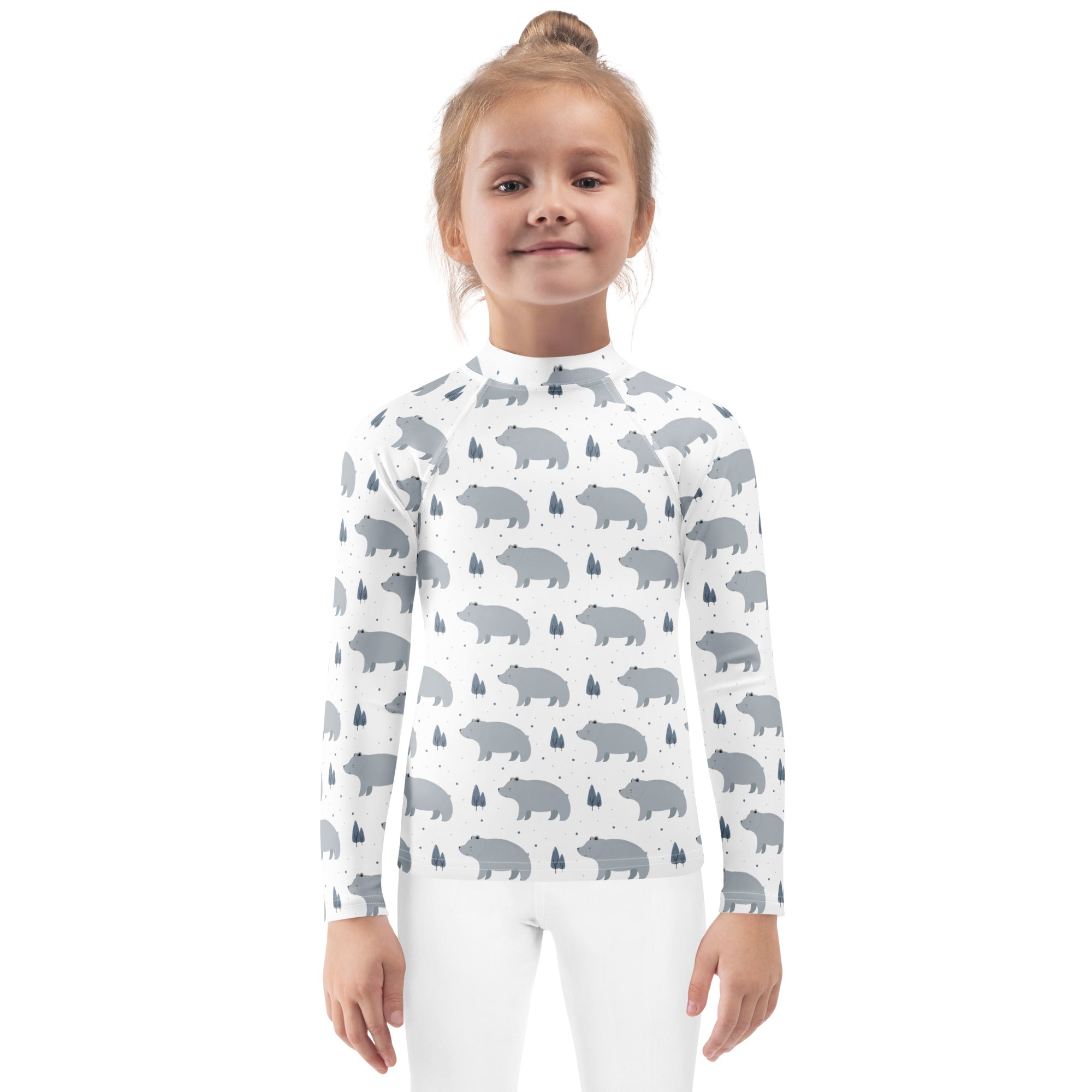 White long-sleeved kids polar bear rash guard swim shirt with gray bear pattern and upf 50 plus sun protection
