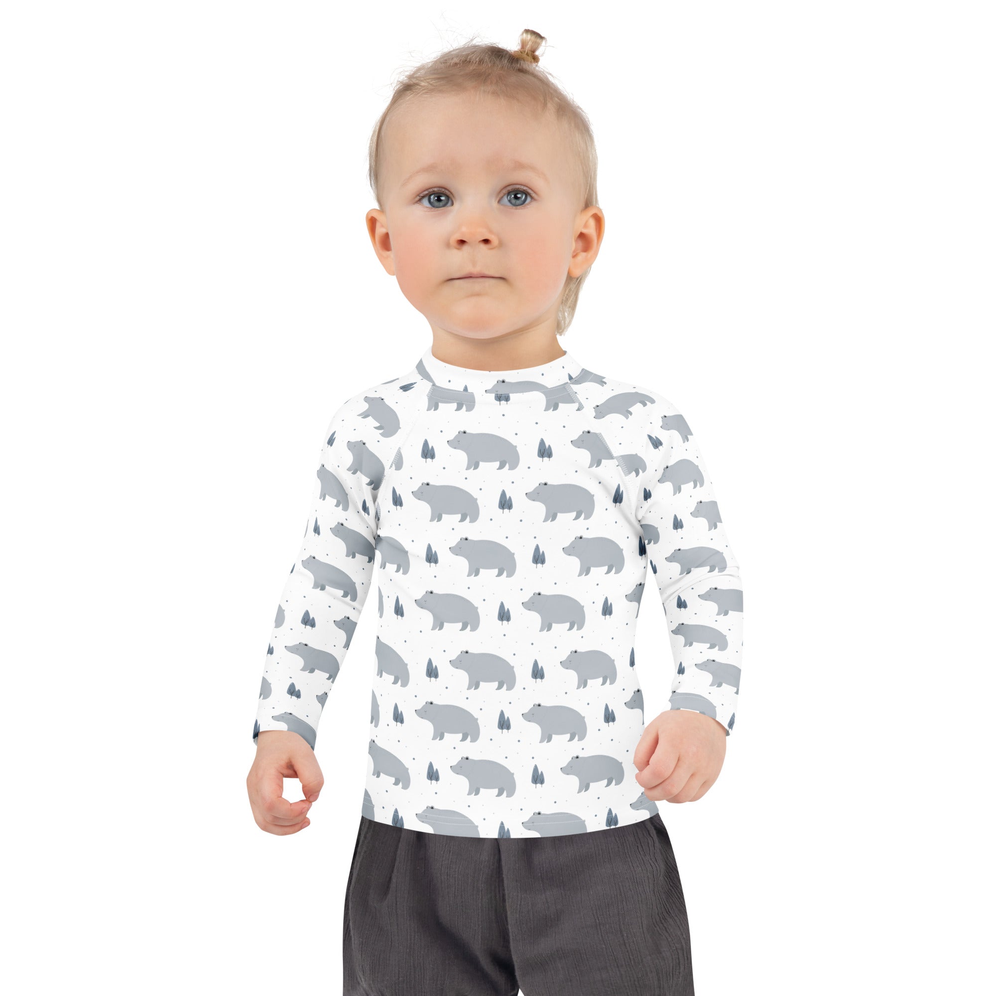 Kids polar bear long sleeve white rash guard swim shirt with gray bear pattern and upf 50 plus sun protection