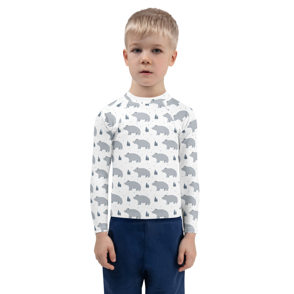 Kids polar bear long sleeve rash guard swim shirt in white with gray bear and pine tree pattern and UPF 50+ protection