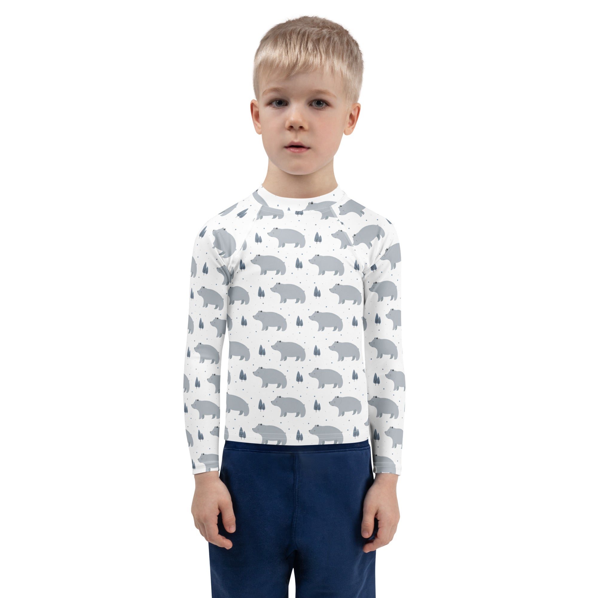 Kids polar bear long sleeve rash guard swim shirt in white with gray bear and pine tree pattern and UPF 50+ protection