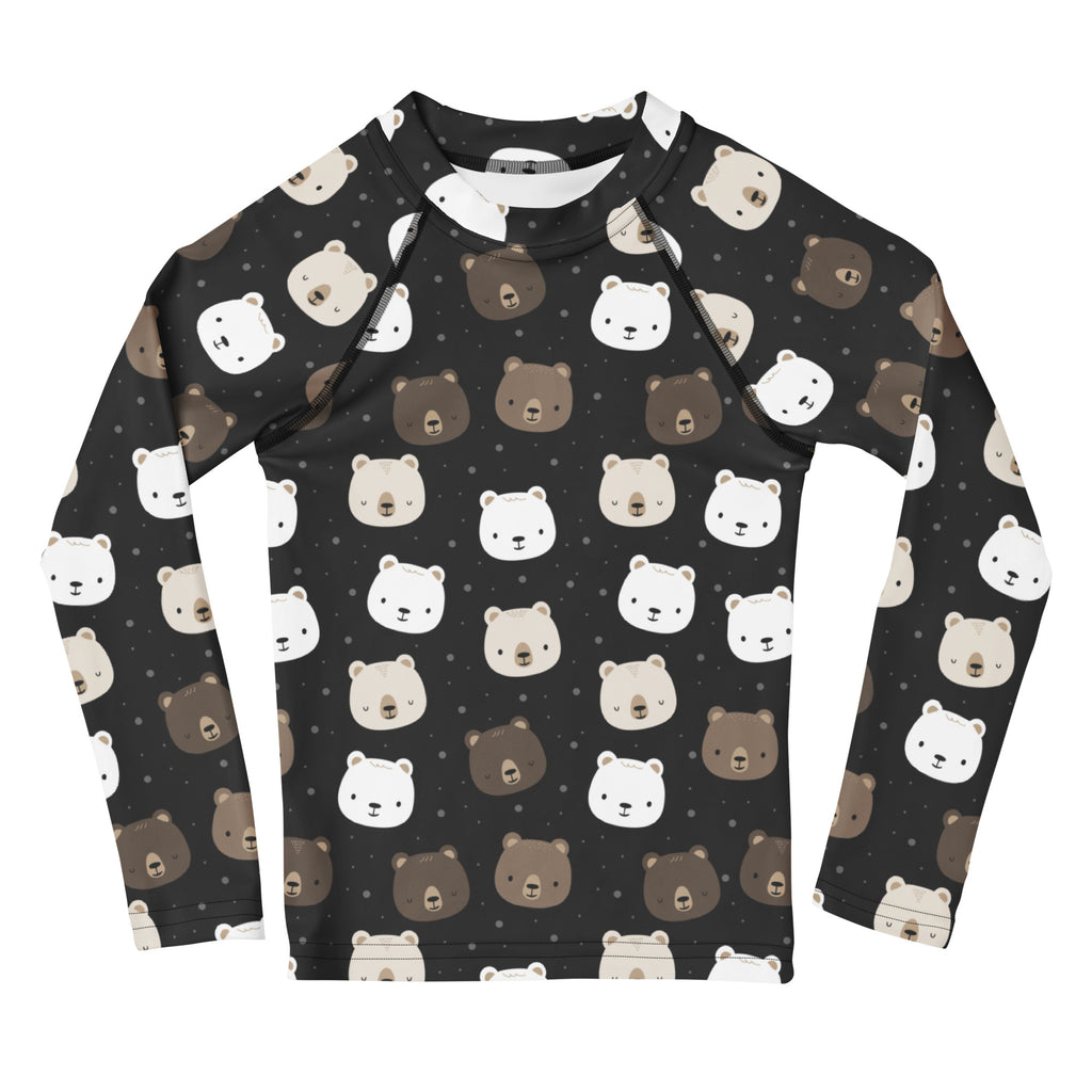 Black kids long sleeve rash guard with playful white and brown bear faces pattern and UPF 50 plus swim shirt