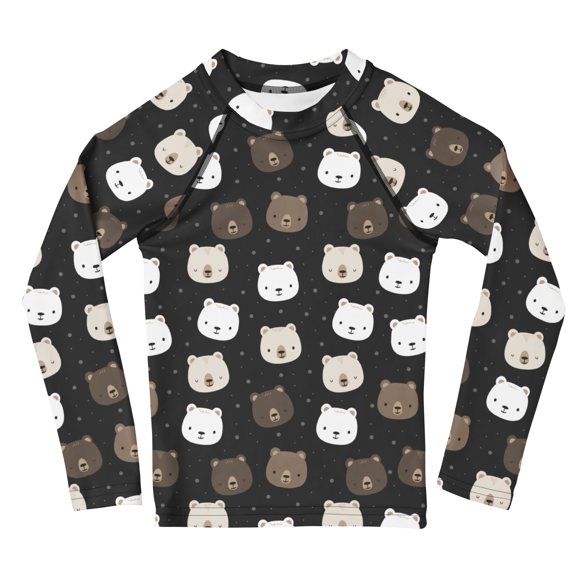 Black kids long sleeve rash guard with playful white and brown bear faces pattern and UPF 50 plus swim shirt