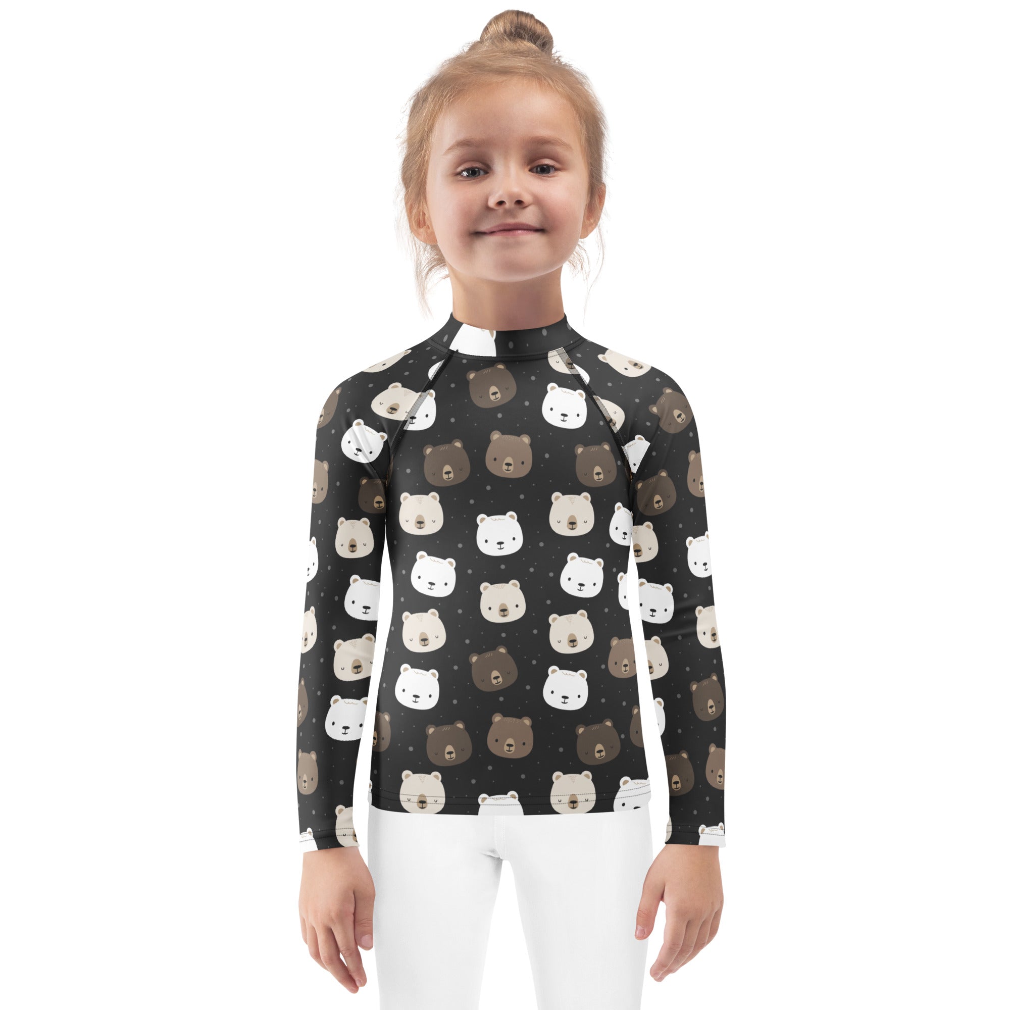 Black kids long sleeve rash guard swim shirt with playful white and brown bear faces and upf 50 plus protection
