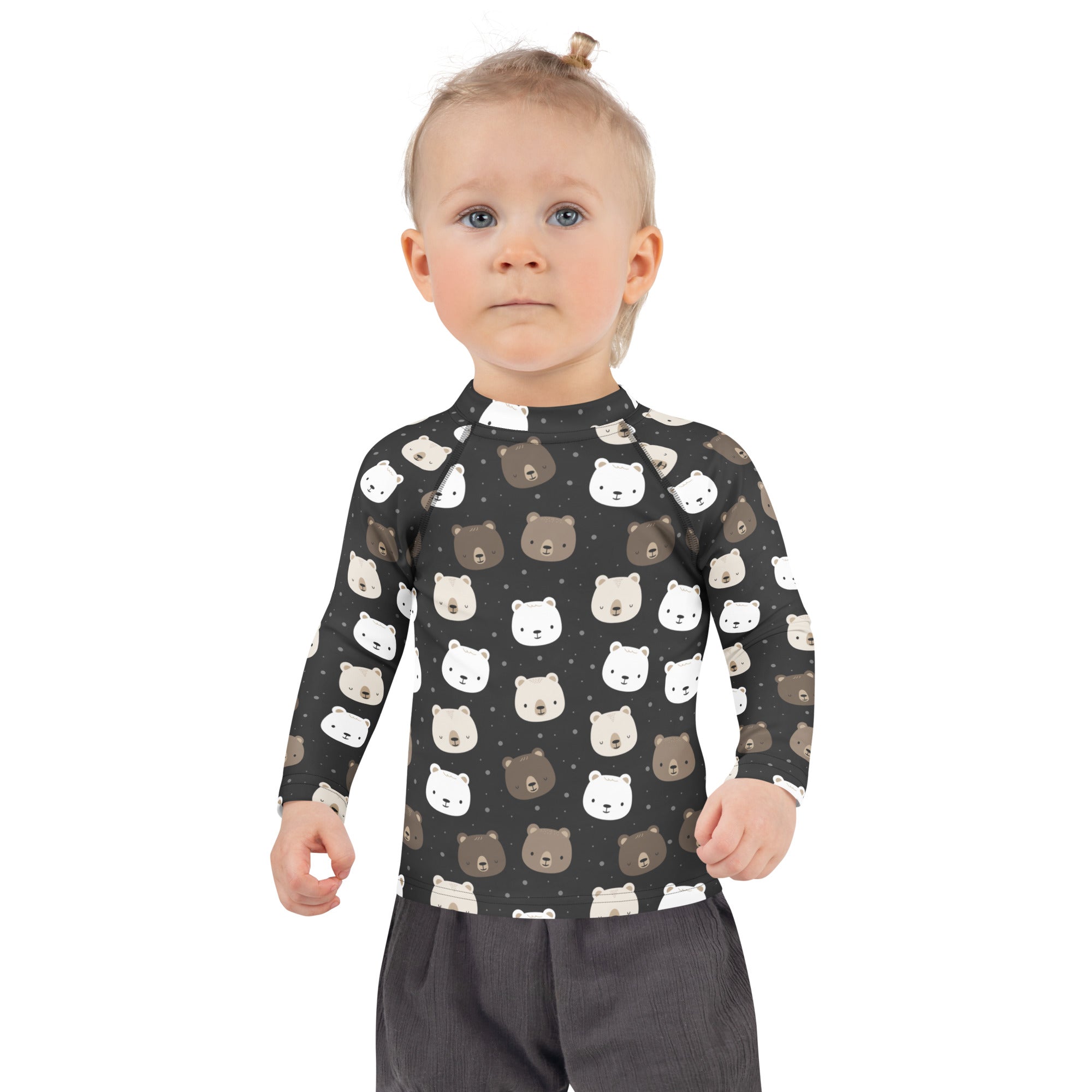 Black kids long sleeve rash guard with playful white and brown cartoon bear faces and UPF 50 plus sun protection