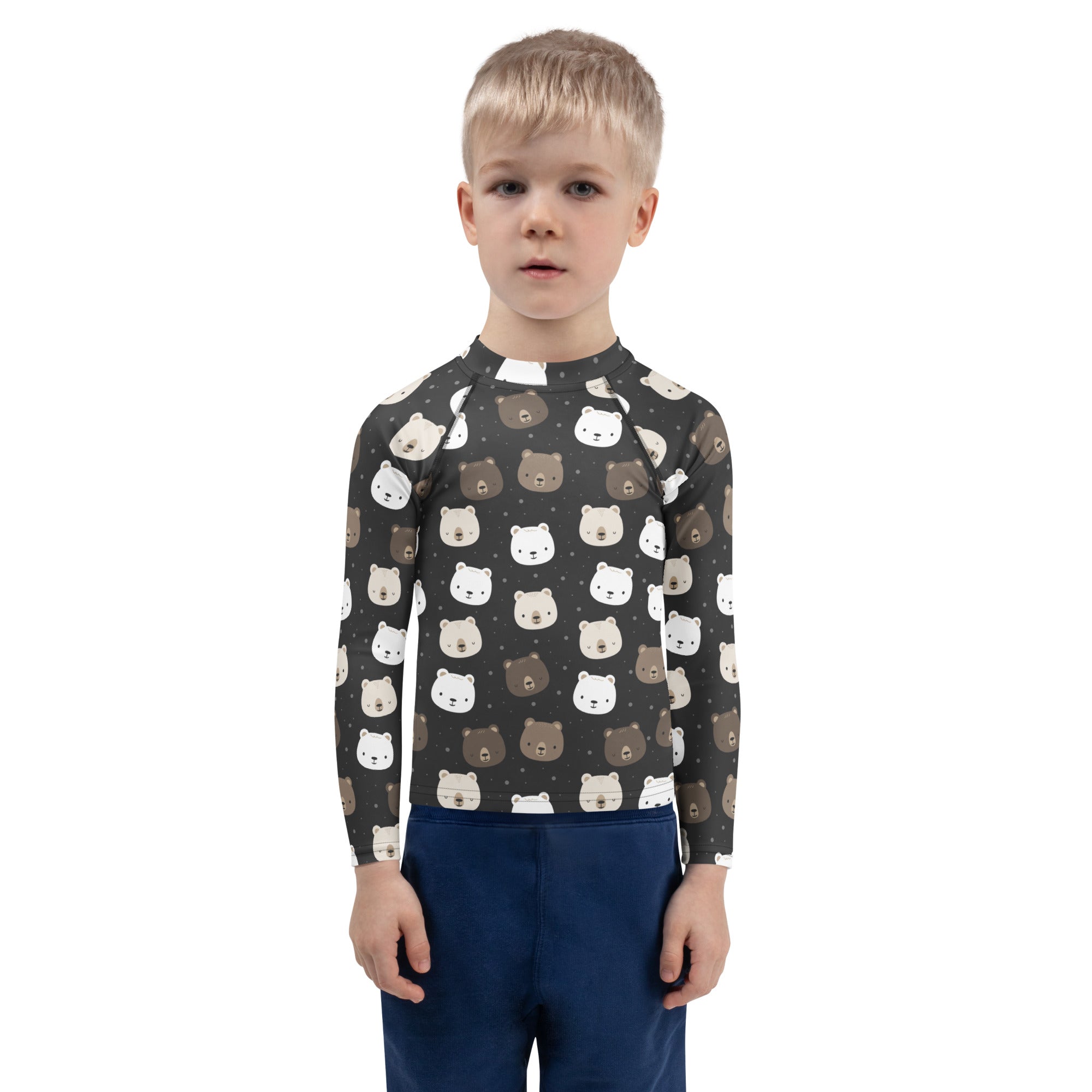 A child wearing a dark gray kids bear faces long sleeve rash guard swim shirt with UPF 50 plus protection